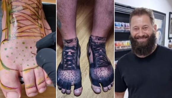 En esta imagen se aprecia al hombre que se cansó de pagar por zapatillas y decidió tatuarse sus favoritas en los pies. (Foto: @dean.gunther / Instagram)