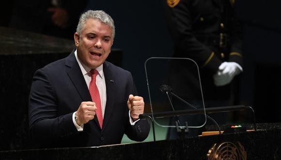 Iván Duque Márquez, presidente de Colombia, se dirige en el 76 período de sesiones de la Asamblea General de la ONU el 21 de septiembre de 2021 en Nueva York. (Foto: TIMOTHY A. CLARY / POOL / AFP)