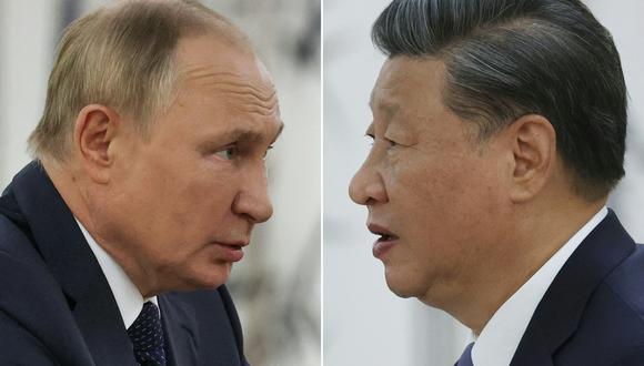 Esta composición de imágenes del 15 de septiembre de 2022 muestra al presidente ruso, Vladimir Putin, y al presidente chino, Xi Jinping, durante su reunión al margen de la cumbre de líderes de la Organización de Cooperación de Shanghái (OCS) en Samarcanda. Foto: Alexandr Demyanchuk / SPUTNIK / AFP
