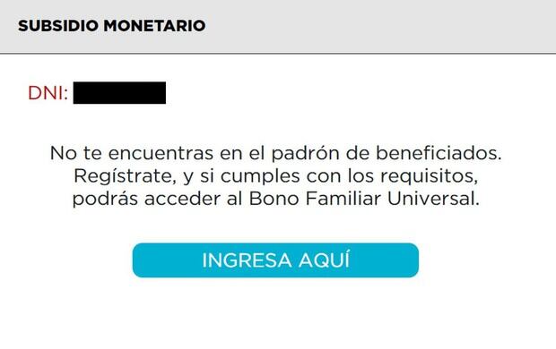 Si no eres beneficiario, te saldrá el siguiente mensaje. Además, podrás ingresar al portal para una nueva inscripción (Foto: Midis)