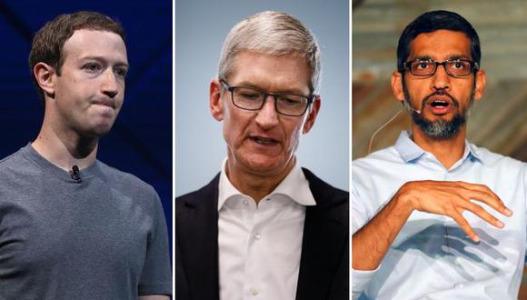 Mark Zuckerberg, Tim Cook y Sundar Pichai. (Foto: AFP/AP/Reuters)