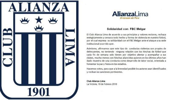 Alianza Lima se solidarizó con Melgar por ataques a su sede