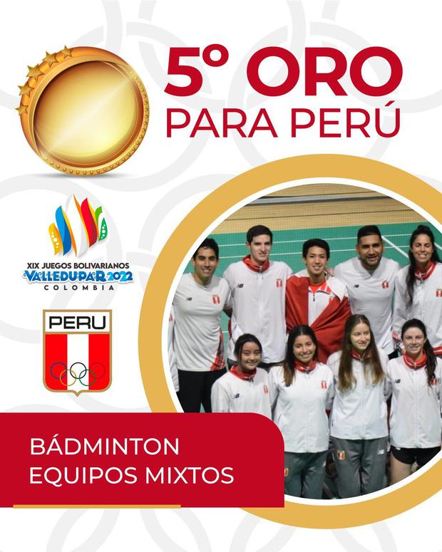 El equipo mixto peruano de bádminton ganó una medalla de oro en los Juegos Bolivarianos Valledupar 2022. (Foto: Twitter del Comité Olímpico Perú)