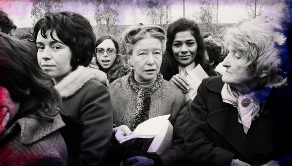 Simone de Beauvoir (centro), en 1972 durante un polémico juicio por aborto en Francia. (Foto de ARTAULT ERWAN)
