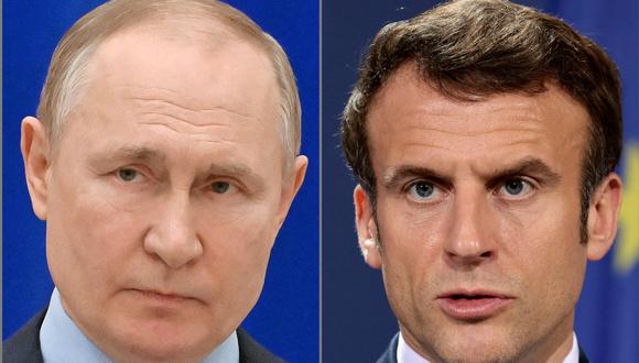 El presidente de Rusia Vladimir Putin y su par de Francia Emmanuel Macron. (Foto de varias fuentes / AFP).