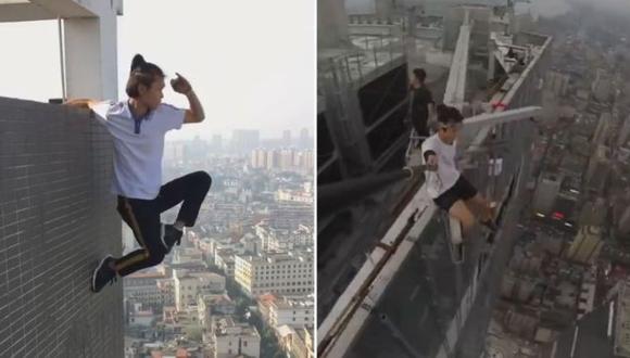 Wu ganó fama como "hombre araña" colgándose de rascacielos, como se ve en estas fotos de sus anteriores escaladas. (Foto: Weibo)