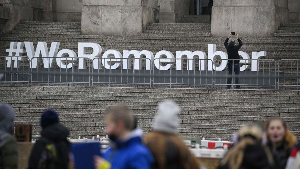 A sign commemorating the victims of the Holocaust outside the Bundestag in Berlin.  (GETTY IMAGES).