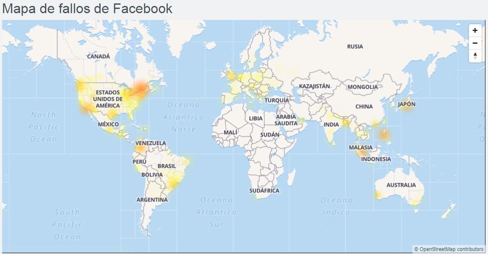 Países donde Facebook presenta inconvenientes. (Foto: DownDetector)
