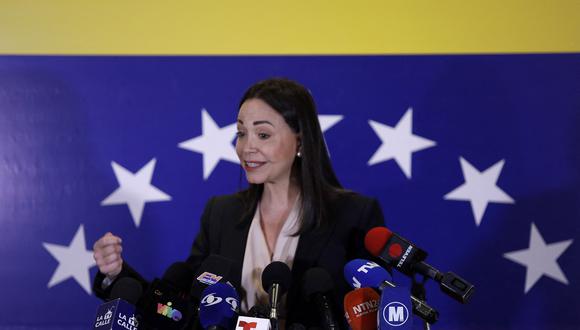 La candidata presidencial electa de la oposición de Venezuela, María Corina Machado, da una conferencia de prensa el 22 de octubre de 2023. (Foto de Pedro Rances Mattey / AFP).