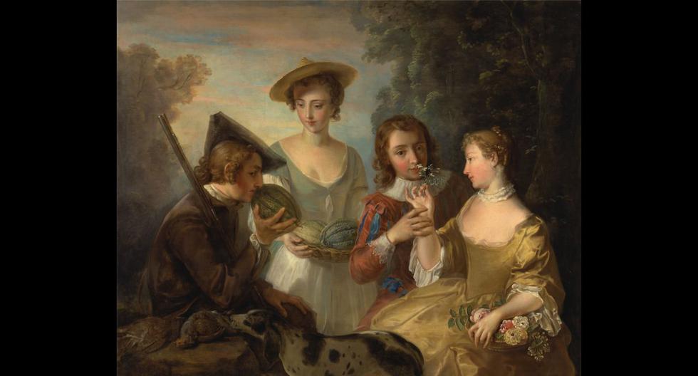 Esta es la pintura al óleo de Philippe Mercier, "El Sentido del olfato", del siglo XVIII.