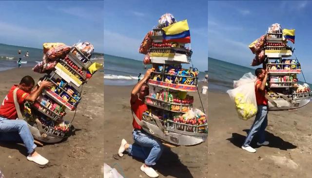 En Facebook, un video se volvió viral por un vendedor ambulante en una playa de Colombia que demuestra su ingeniosa idea de convertir una bandeja de golosinas en un barco andante. (Foto: Captura)