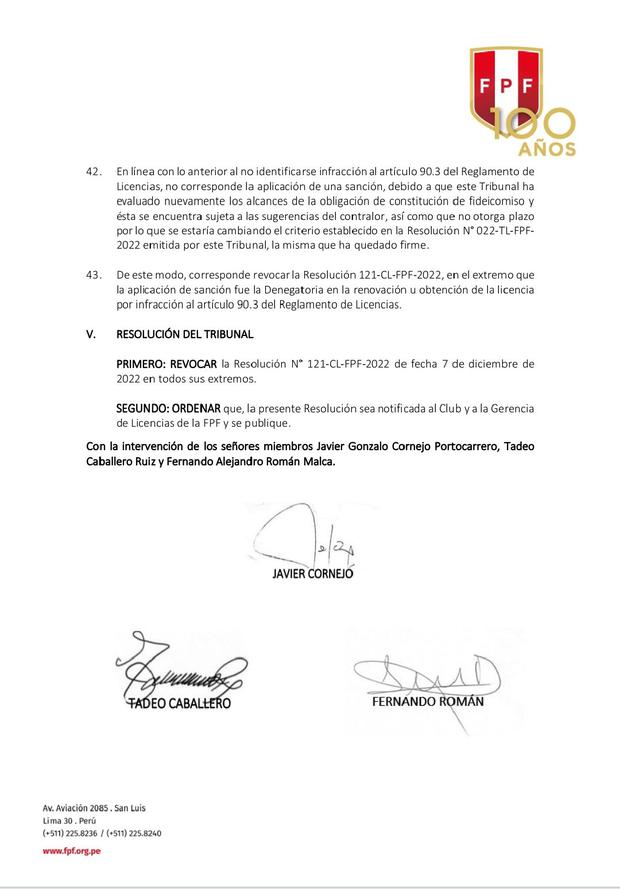 Resolución del Tribunal de Licencias de la FPF sobre Sport Boys del Callao.