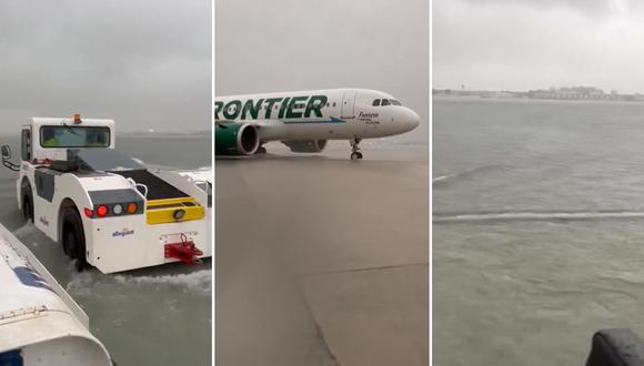 El aeropuerto de Fort Lauderdale, en Florida, inundado por un fuerte temporal el 12 de abril de 2023. (Captura de Twitter @fastnewsnet)