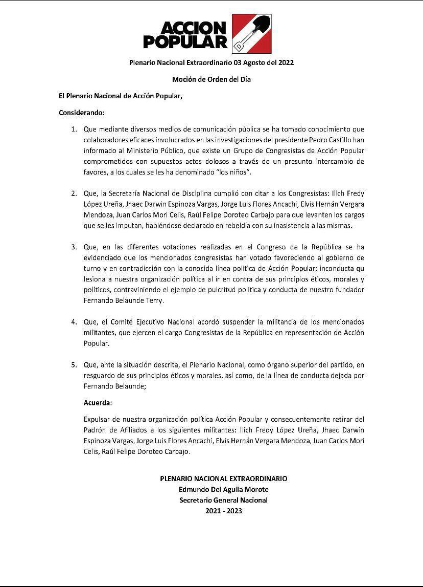 El pronunciamiento del plenario que dirigió Edmundo del Águila Morote, quien disputa con Julio Chávez el cargo de secretario general de Acción Popular, sí menciona a 'Los Niños' y es más severo a comparación del otro documento.