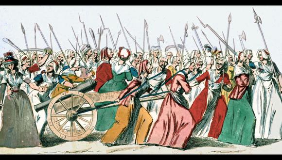 Mujeres marchan sobre Versalles durante la Revolución francesa. Ilustración conservada en la Biblioteca Nacional de Francia
