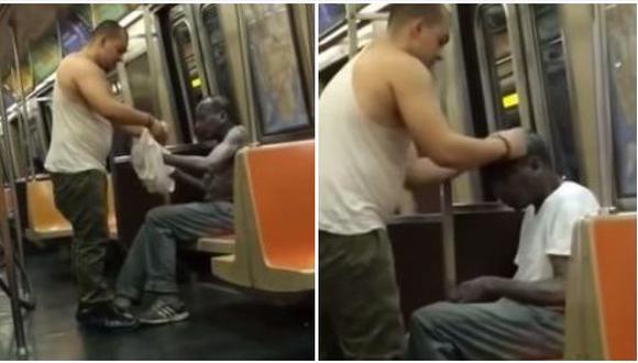 Se ha hecho viral un video en YouTube en el que un hombre le regala sus prendas a un indigente semidesnudo en un vagón del metro de Nueva York, que sufre de bajas temperaturas. (Foto: captura)