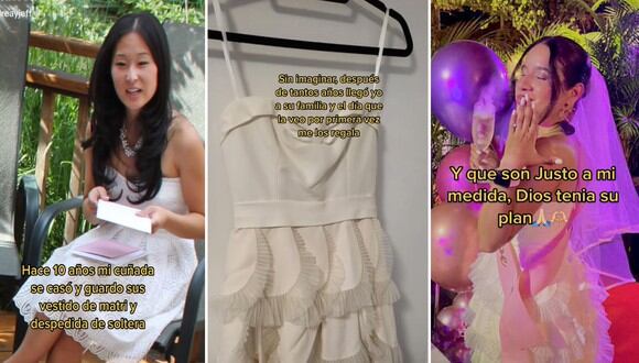 Andrea usando el vestido de novia que heredó de su cuñada. | FOTO: @andreayjeff / TikTok