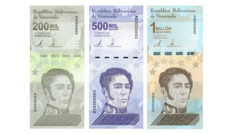 The three new banknotes presented by the Central Bank of Venezuela barely add up to US $ 1 together. (Central bank of Venezuela).