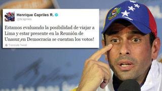 Henrique Capriles evalúa viajar a Lima para reunión de Unasur