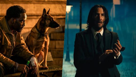 (Izquierda) Shamier Anderson y el perro estrella de John Wick 4. (Derecha) El protagonista de la cinta Keanu Reeves.