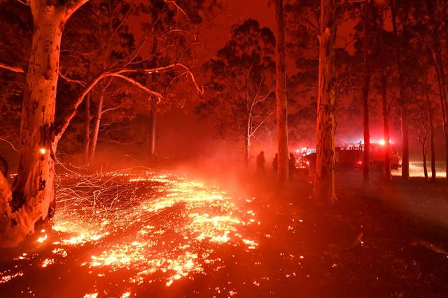Las brasas encendidas cubren el suelo mientras los bomberos luchan contra incendios forestales alrededor de la ciudad de Nowra en el estado australiano de Nueva Gales del Sur. (AFP)