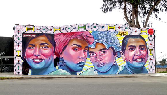Gahela Cari, Javiera Arnillas Pier Tapia y Nick Silvestre son las figuras que aparecen en el mural de Estefanía Cox y del Colectivo Shipibas Muralistas, en Miraflores. (Foto: Change.org)