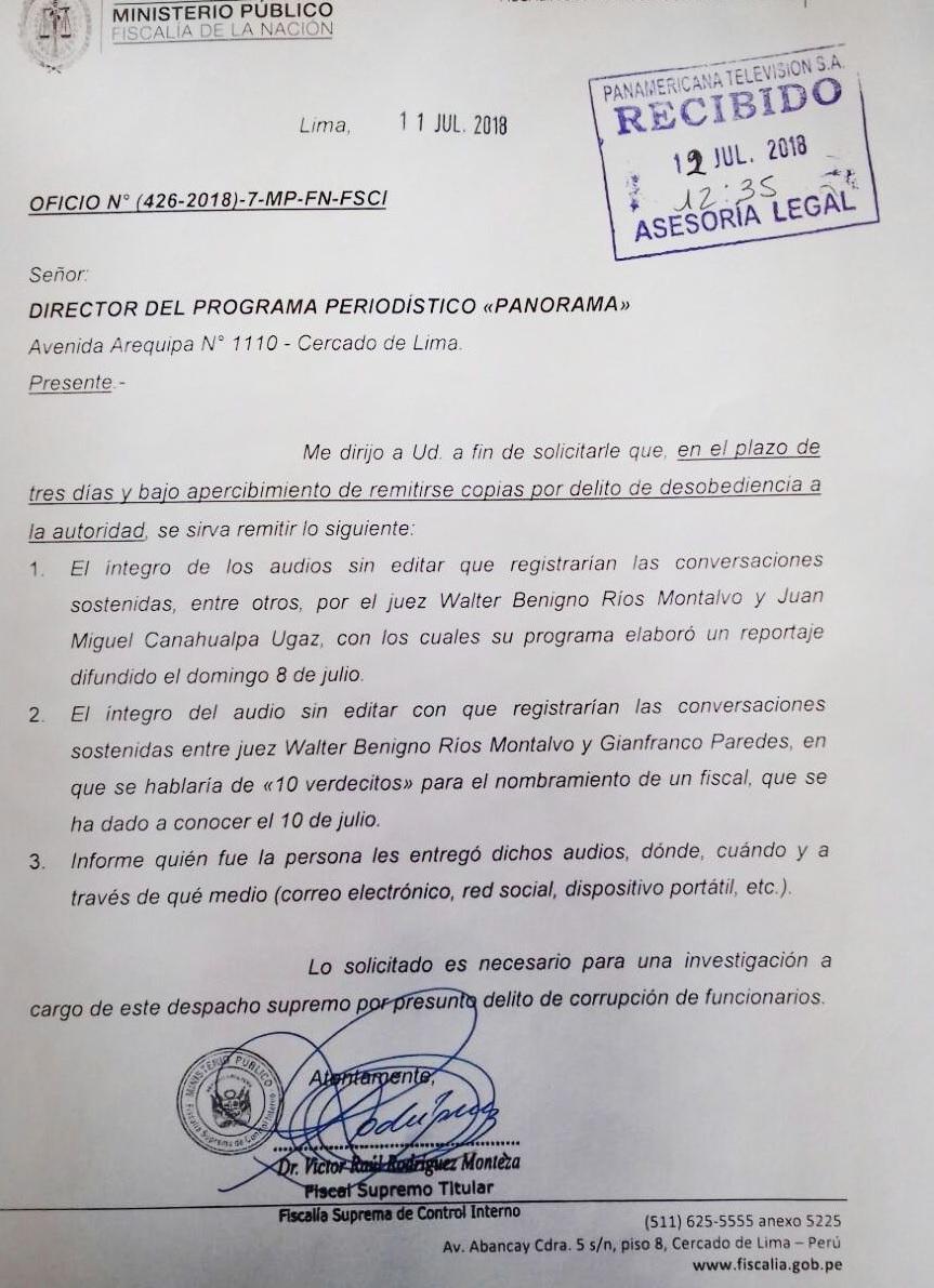 El fiscal supremo Víctor Rodríguez Monteza envió oficios a medios que difundieron los audios de Los cuellos Blancos, conminándolos a revelar sus funtes.