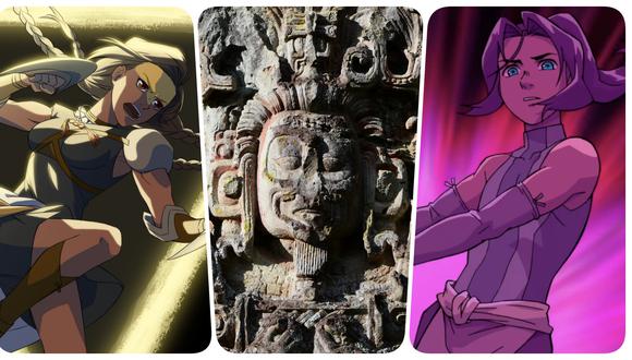 A los extremos, Zyanya e Izel; guerreros del anime "Onyx Equinox". Al centro, escultura del rey 
Uaxaclajuun Ub'aah K'awiil, encontrado en el centro arqueológico de Copán en Tegucigalpa, Honduras. La serie se basa en la cultura Maya, cuya área de influencia fue la península del Yucatán. Fotos: Crunchyrroll/ Orlando Sierra para AFP.