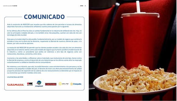 “La resolución de Indecopi de permitir que los clientes puedan acceder a las salas de cine con alimentos adquiridos en el exterior atenta contra este modelo de negocio” , comentan los cines en un comunicado.