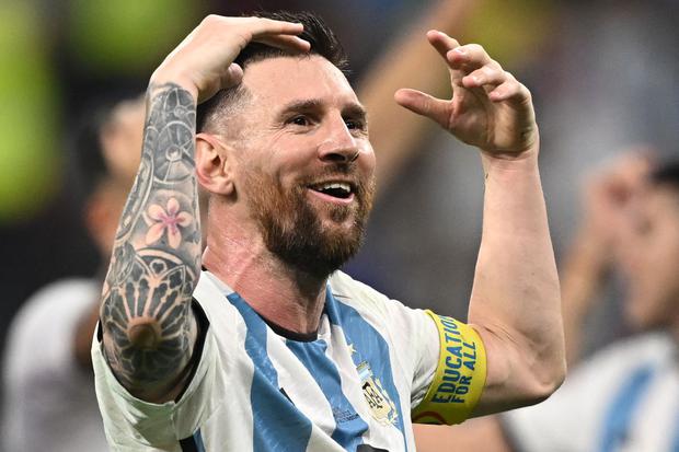 Argentina's forward #10 Lionel Messi celebrates after qualifying to the next round after defeating Australia 2-1 in the Qatar 2022 World Cup round of 16 football match between Argentina and Australia at the Ahmad Bin Ali Stadium in Al-Rayyan, west of Doha on December 3, 2022. (Photo by MANAN VATSYAYANA / AFP)