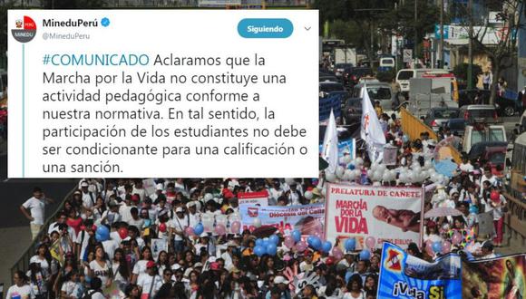 El Ministerio de Educación se pronunció en Twitter sobre la participación de los escolares en la actividad denominada Marcha por la Vida. (Twitter / El Comercio)
