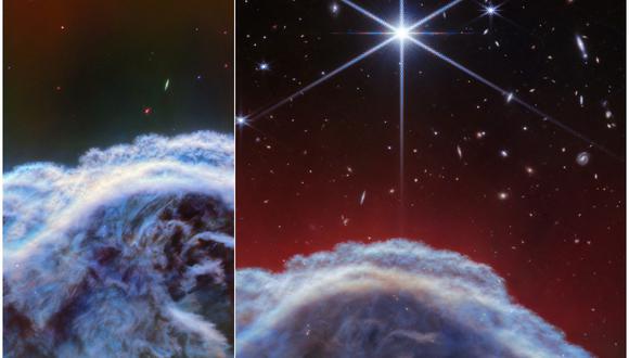 Una imagen infrarroja de la nebulosa Cabeza de caballo. Las nubes etéreas que aparecen en azul en la parte inferior de la imagen están dominadas por hidrógeno molecular frío, mientras que las volutas de color rojo que se extienden por encima de la nebulosa principal representan principalmente gas de hidrógeno atómico.