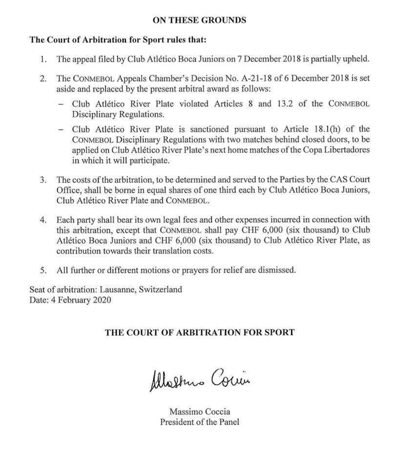 El fallo emitido por el TAS: River Plate es campeón de la Copa Libertadores 2018.