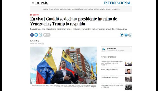 El portal El País de España también resalta la autoproclamación de Juan Guaidó a la presidencia de Venezuela. (Foto: Internet)