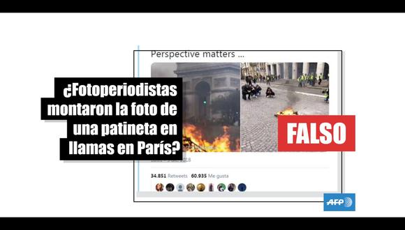 No, fotoperiodistas no montaron la foto de una patineta en llamas en París. (AFP).
