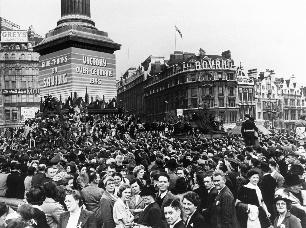 Tens of thousands gathered in London's Trafalgar Square to celebrate victory in Europe.  (GETTY IMAGES).