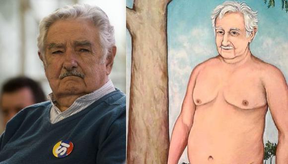 Jos&eacute; Mujica, ex presidente de Uruguay, junto a su retrato desnudo. (AFP / Twitter)