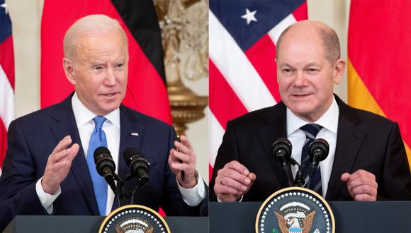 El presidente de los Estados Unidos, Joe Biden (izq.), habla durante una conferencia de prensa conjunta con el canciller de Alemania, Olaf Scholz (der.), en el Salón Este de la Casa Blanca en Washington, DC. (Foto: EFE/EPA/MICHAEL REYNOLDS).