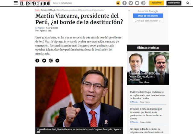 Así informa El Espectador la crisis generada en Perú tras la publicación de unos audios que compremeterían al presidente Martín Vizcarra. (Foto: Captura El Espectador)