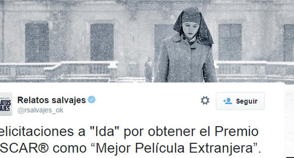 \'Relatos Salvajes\' felicita a \'Ida\' pese a que no ganó en los Premios Oscar 2015. (Foto: Difusión / Twitter)