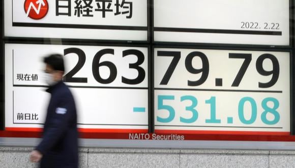 Un peatón pasa frente a un tablero de indicadores del mercado de valores en Tokio, Japón, el 22 de febrero de 2022. (EFE/EPA/JIJI PRESS) | Foto: Referencial