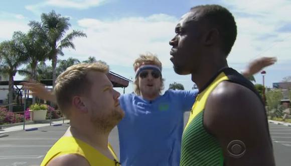 Usain Bolt, Owen Wilson y James Corden se miden en una carrera