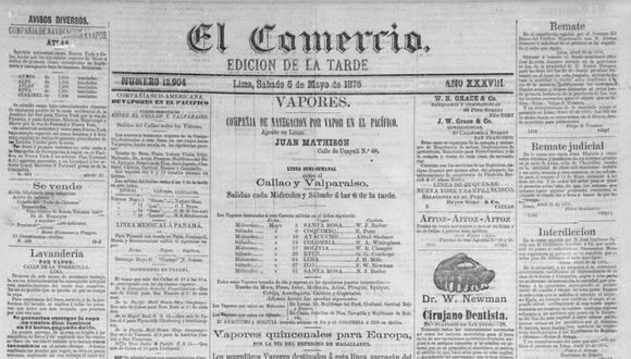 Portada de El Comercio del 6 de mayo de 1876