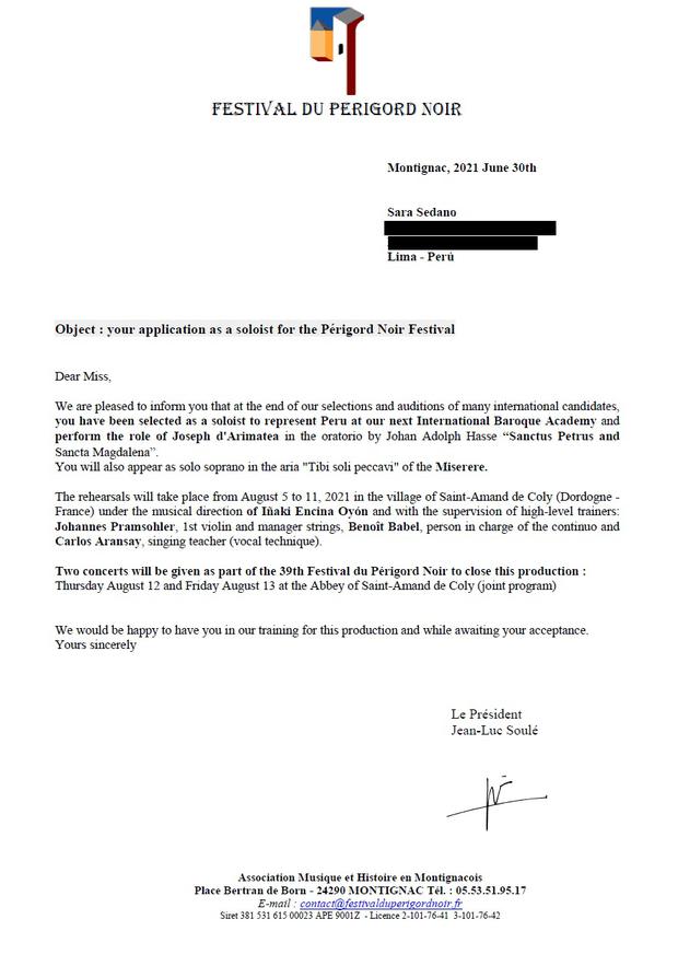 Carta de selección del Festival Perigord Noir, Francia.