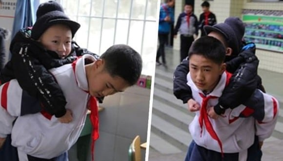 Xu Bingyang hace seis años lleva al colegio en su espalda a su mejor amigo que no puede caminar (Foto: Captura de Sichuan Online)