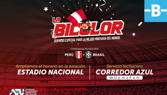 ATU puso a disposición el servicio La Bicolor para todos los hinchas que asistan al Estadio Nacional para ver el partido Perú vs Brasil | Imagen: ATU