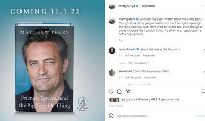Matthew Perry revela la portada de su libro autobiográfico, donde hablará  de sus adicciones Friends, Lovers and the Big Terrible Thing Celebs RMMN, TVMAS