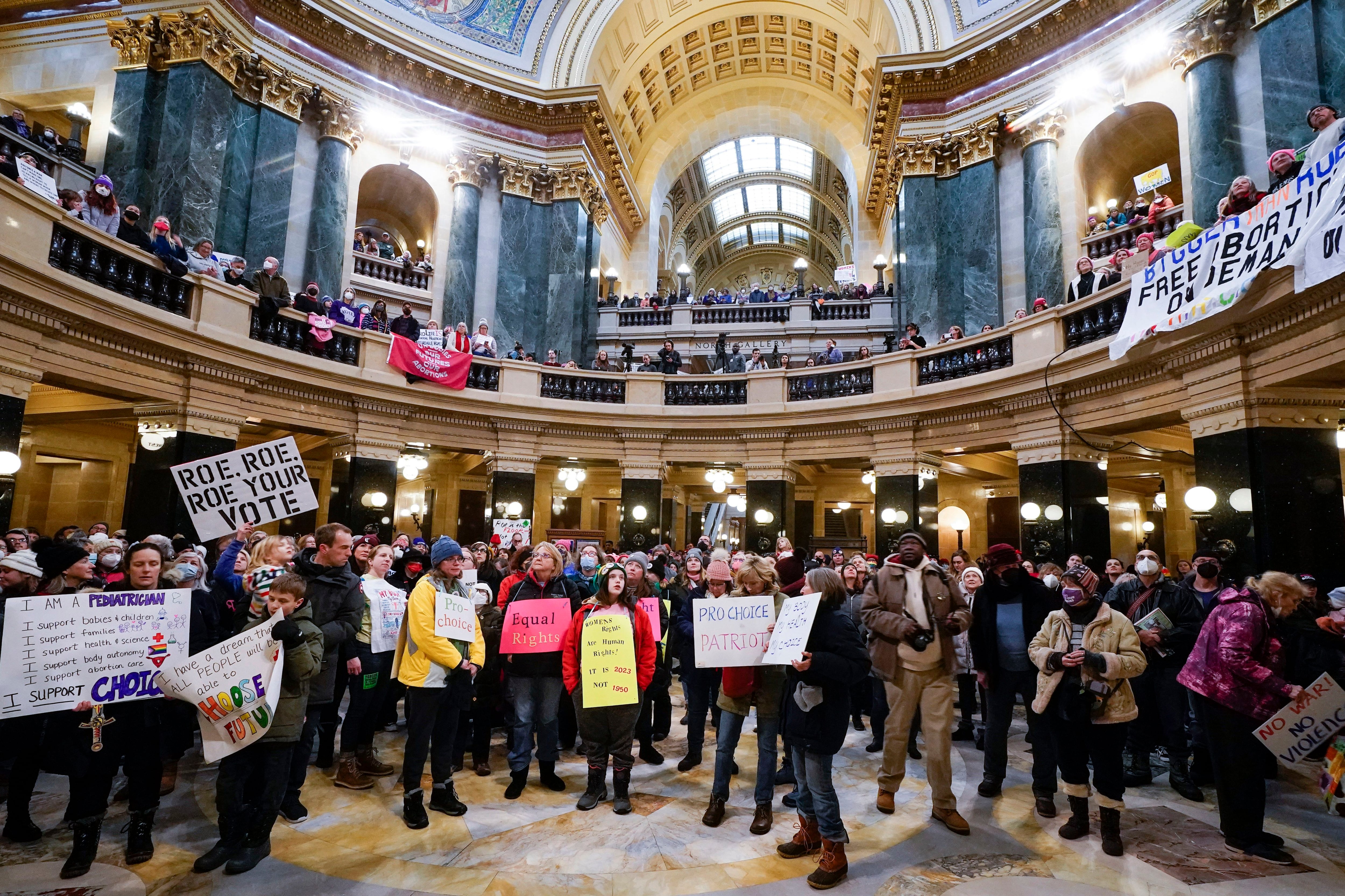 Protesters in the Wisconsin Capitol Rotunda during a march supporting the repeal of Wisconsin's near-total ban on abortion.
