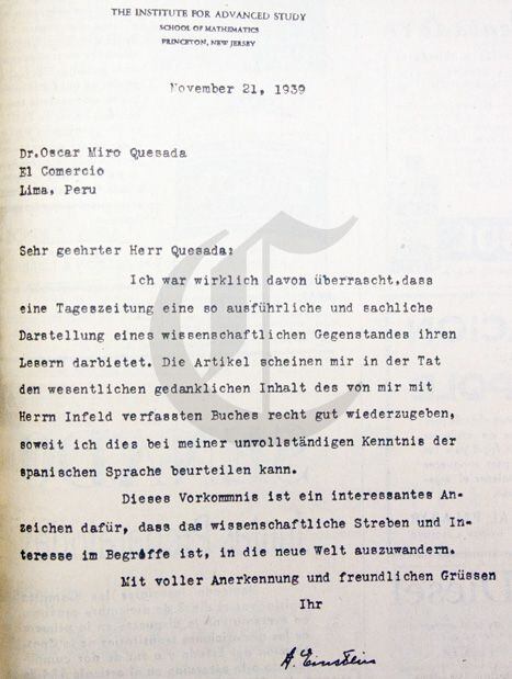 Carta enviada por Albert Einstein a Óscar (Racso) Miró Quesada, que fue publicada en la edición de la mañana del Diario El Comercio el 29 de noviembre de 1939. (FOTO: CRISTHIAN ROJAS / EL COMERCIO)