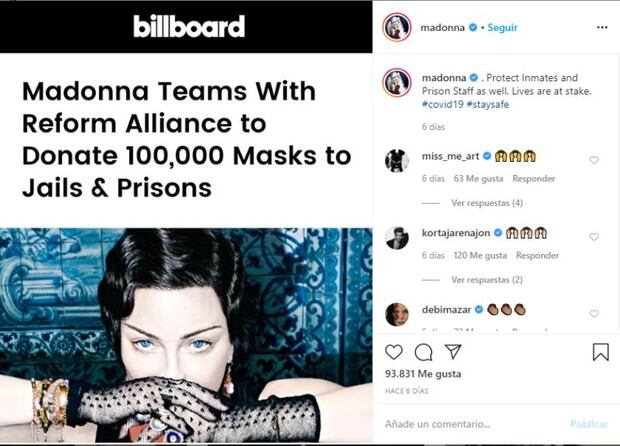 Así anunció Madonna que apoyaría la iniciativa de conseguir mascarillas para los presos. (Imagen: Instagram @madonna)